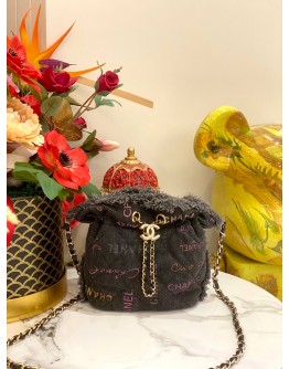 (LIKE NEW) CHANEL DENIM MOOD LOGO PRINTED BUCKET BAG IN BLACK