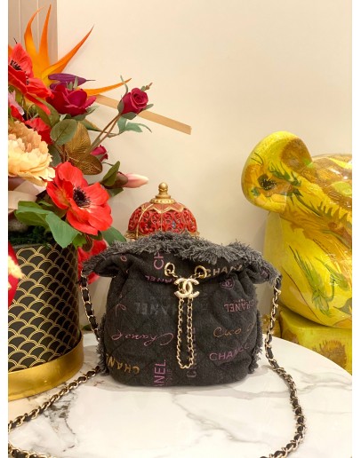 (LIKE NEW) CHANEL DENIM MOOD LOGO PRINTED BUCKET BAG IN BLACK