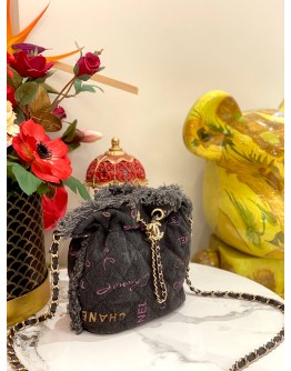 (LIKE NEW) CHANEL DENIM MOOD LOGO PRINTED BUCKET BAG IN BLACK