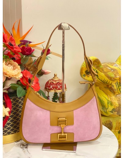 GUCCI JACKIE SHOULDER BAG IN PINK SUEDE AND TAN LEATHER TRIM