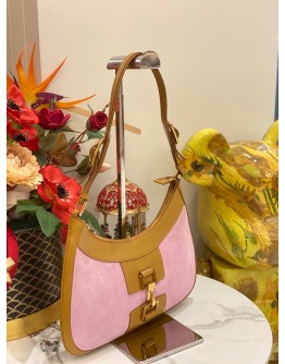 GUCCI JACKIE SHOULDER BAG IN PINK SUEDE AND TAN LEATHER TRIM