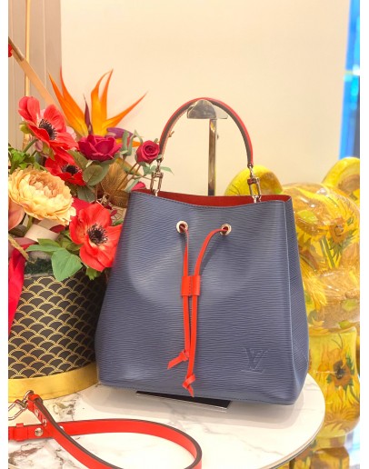 LOUIS VUITTON NEONOE BLUE EPI LEATHER BUCKET BAG WITH RED LEATHER TRIM 