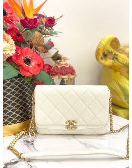 (LIKE NEW) CHANEL CHAIN MELODY FLAP SMALL BAG IN WHITE QUILTED CAVIAR LEATHER- FULL SET-