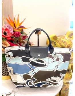 (LIKE NEW) LONGCHAMP LE PLIAGE LARGE SHOULDER BAG IN MULTICOLOURED EQUESTRIAN PRINT