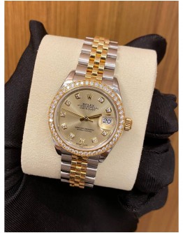 ROLEX OYSTER PERPETUAL LADY DATEJUST HALF 750 YELLOW GOLD DIAMOND REF 279383RBR 28MM AUTOMATIC YEAR 2017 WATCH -FULL SET-