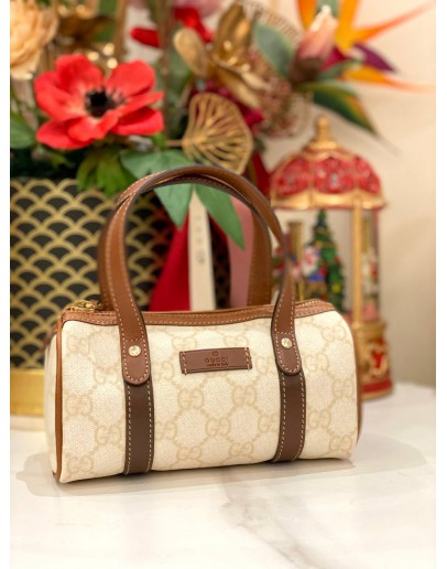 (LIKE NEW) GUCCI OPHIDIA GG SUPREME CANVAS / BROWN LEATHER MINI BOSTON BAG
