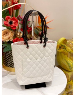 CHANEL LIGNE CAMBON TOTE SHOULDER BAG IN WHITE QUILTED LEATHER