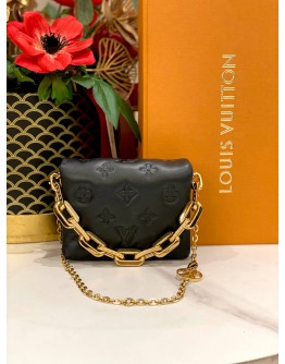 (LIKE NEW) LOUIS VUITTON BLACK LAMBSKIN EMBOSSED MONOGRAM COUSSIN BELT BAG -FULL SET-