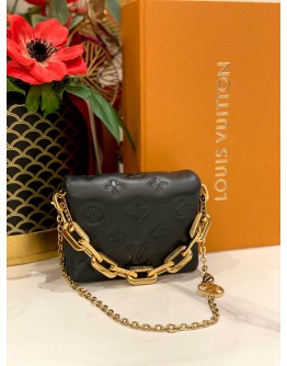 (LIKE NEW) LOUIS VUITTON BLACK LAMBSKIN EMBOSSED MONOGRAM COUSSIN BELT BAG -FULL SET-