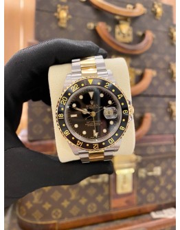 ROLEX GMT-MASTER II HALF 18K 750 YELLOW GOLD REF 16713 BLACK DIAL 40MM AUTOMATIC WATCH