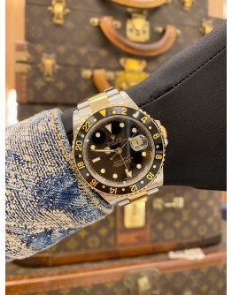 ROLEX GMT-MASTER II HALF 18K 750 YELLOW GOLD REF 16713 BLACK DIAL 40MM AUTOMATIC WATCH