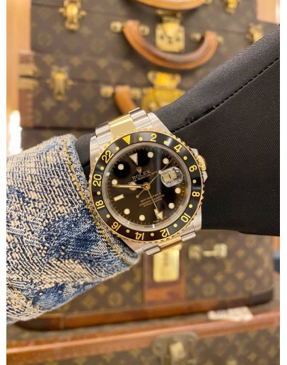 ROLEX GMT-MASTER II HALF 18K 750 YELLOW GOLD REF 16713 BLACK DIAL 40MM AUTOMATIC WATCH