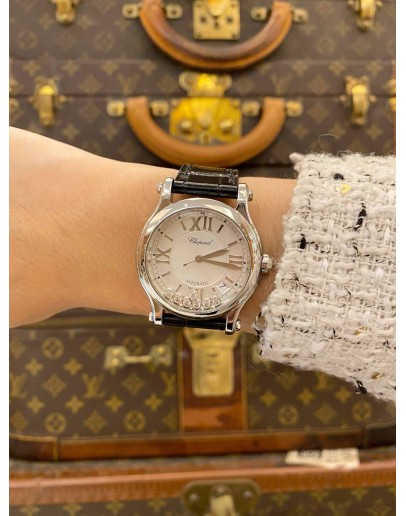 (LIKE NEW) 2012 CHOPARD HAPPY SPORT 7 FLOATING DIAMONDS REF. 8559 SILVER SUNBURST DIAL 36MM AUTOMATIC WATCH