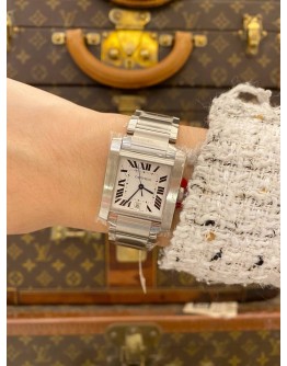 (BRAND NEW FULL STICKER) 2013 CARTIER TANK FRANÇAISE LARGE REF. W51002Q3 WHITE ROMAN DIAL 28MM AUTOMATIC WATCH