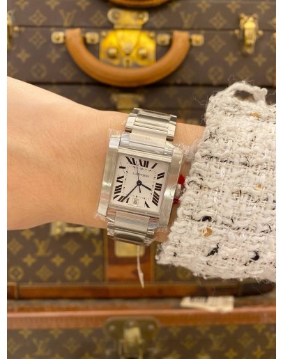 (BRAND NEW FULL STICKER) 2013 CARTIER TANK FRANÇAISE LARGE REF. W51002Q3 WHITE ROMAN DIAL 28MM AUTOMATIC WATCH