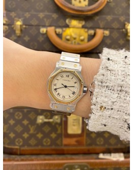 CARTIER SANTOS RONDE 18K 750 YELLOW GOLD OCTAGON REF 187902 WHITE ROMAN NUMERALS DIAL 30MM QUARTZ WATCH