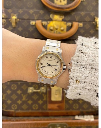 CARTIER SANTOS RONDE 18K 750 YELLOW GOLD OCTAGON REF 187902 WHITE ROMAN NUMERALS DIAL 30MM QUARTZ WATCH