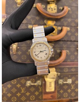 CARTIER SANTOS RONDE 18K 750 YELLOW GOLD OCTAGON REF 187902 WHITE ROMAN NUMERALS DIAL 30MM QUARTZ WATCH