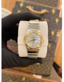 (LIKE NEW) 2022 OMEGA CONSTELLATION LADY TWO TONE 18K 750 YELLOW GOLD REF 123.20.27.60.02.004 SILVER DIAL 27MM QUARTZ WATCH -FULL SET-