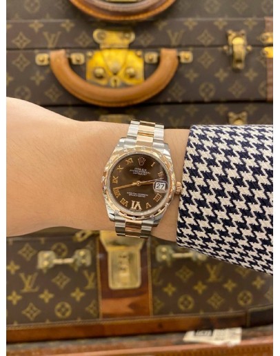 (LIKE NEW) 2016 ROLEX DATEJUST 31 HALF 18K 750 ROSE GOLD DIAMOND BEZEL REF 178341 CHOCOLATE DIAL 31MM AUTOMATIC WATCH -FULL SET-