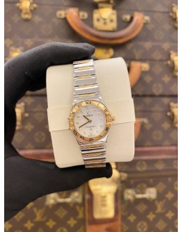 OMEGA CONSTELLATION LADY TWO TONE 18K 750 YELLOW GOLD REF 795.1243 MOTHER OF PEARL DIAL 22.5MM QUARTZ WATCH