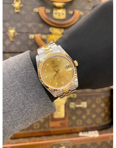 (UNUSED) 2020 TUDOR PRINCE DATE HALF 18K 750 YELLOW GOLD DIAMOND REF 74033 CHAMPAGNE DIAL 34MM AUTOMATIC WATCH -FULL SET-