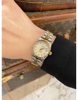 (LIKE NEW) ROLEX LADY DATEJUST HALF 18K 750 YELLOW GOLD JUBILEE 69173 WHITE COMPUTER DIAMOND DIAL 26MM AUTOMATIC WATCH