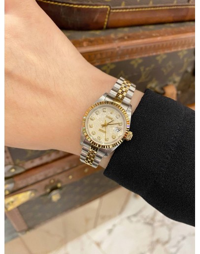 (LIKE NEW) ROLEX LADY DATEJUST HALF 18K 750 YELLOW GOLD JUBILEE 69173 WHITE COMPUTER DIAMOND DIAL 26MM AUTOMATIC WATCH
