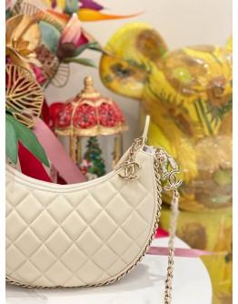 (LIKE NEW) 2023 CHANEL MOON LIGHT BEIGE QUILTED LAMBSKIN LEATHER SMALL HOBO CHAIN BAG FULL SET