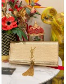 YSL YVES SAINT LAURENT METALLIC LIZARD EMBOSSED CLASSIC MONOGRAM KATE TASSEL CLUTCH GOLD