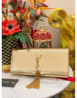 YSL YVES SAINT LAURENT METALLIC LIZARD EMBOSSED CLASSIC MONOGRAM KATE TASSEL CLUTCH GOLD