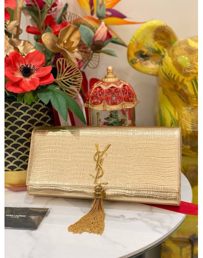 YSL YVES SAINT LAURENT METALLIC LIZARD EMBOSSED CLASSIC MONOGRAM KATE TASSEL CLUTCH GOLD