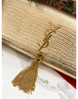 YSL YVES SAINT LAURENT METALLIC LIZARD EMBOSSED CLASSIC MONOGRAM KATE TASSEL CLUTCH GOLD