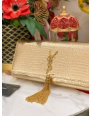 YSL YVES SAINT LAURENT METALLIC LIZARD EMBOSSED CLASSIC MONOGRAM KATE TASSEL CLUTCH GOLD
