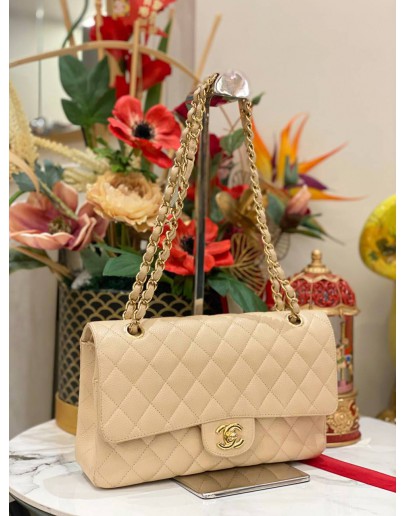 (LIKE NEW) CHANEL CLASSIC MEDIUM FLAP BAG BEIGE CAVIAR LEATHER GOLD CHAIN HARDWARE SHOULDER BAG