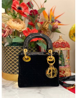 CHRISTIAN DIOR SMALL LADY DIOR BAG IN BLACK CANNAGE SUEDE LEATHER BAG