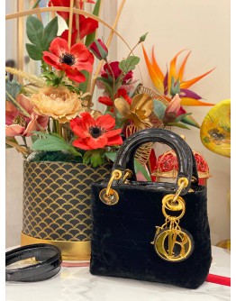 CHRISTIAN DIOR SMALL LADY DIOR BAG IN BLACK CANNAGE SUEDE LEATHER BAG