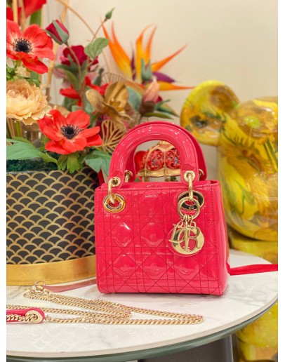 CHRISTIAN DIOR SMALL LADY DIOR BAG IN ROSE PINK CANNAGE PATENT LEATHER BAG -FULL SET- 