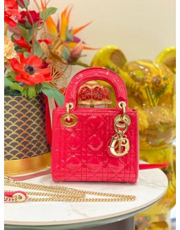 CHRISTIAN DIOR SMALL LADY DIOR BAG IN ROSE PINK CANNAGE PATENT LEATHER BAG -FULL SET- 