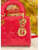 CHRISTIAN DIOR SMALL LADY DIOR BAG IN ROSE PINK CANNAGE PATENT LEATHER BAG -FULL SET- 