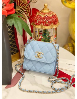 (LIKE NEW) YEAR 2022 CHANEL MINI TRENDY CC IN TIFFANY BLUE LAMBSKIN LEATHER GHW