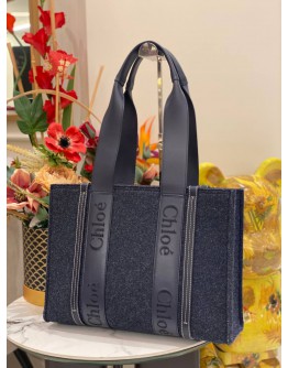 (LIKE NEW) 2023 CHLOE MEDIUM WOODY RIBBON TOTE BAG IN NAVY BLUE WOOL & FELT SHINY CALFSKIN LEATHER
