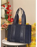 (LIKE NEW) 2023 CHLOE MEDIUM WOODY RIBBON TOTE BAG IN NAVY BLUE WOOL & FELT SHINY CALFSKIN LEATHER