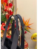 (LIKE NEW) 2023 CHLOE MEDIUM WOODY RIBBON TOTE BAG IN NAVY BLUE WOOL & FELT SHINY CALFSKIN LEATHER