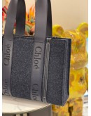 (LIKE NEW) 2023 CHLOE MEDIUM WOODY RIBBON TOTE BAG IN NAVY BLUE WOOL & FELT SHINY CALFSKIN LEATHER