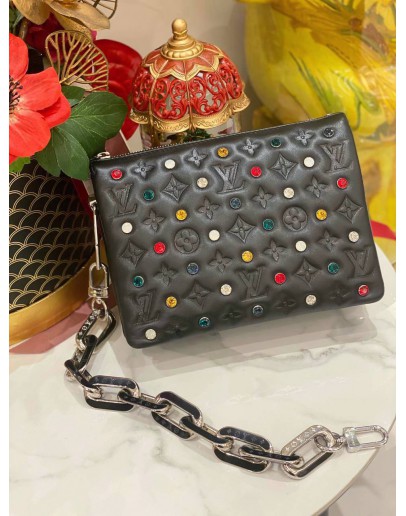 (LIKE NEW) MICROCHIP LOUIS VUITTON COUSSIN BB MONOGRAM EMBOSSED CRYSTAL EMBELLISHED IN BLACK -FULL SET-