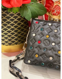 (LIKE NEW) MICROCHIP LOUIS VUITTON COUSSIN BB MONOGRAM EMBOSSED CRYSTAL EMBELLISHED IN BLACK -FULL SET-