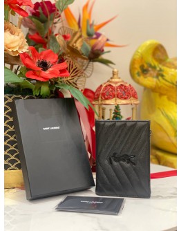 (LIKE NEW) 2021 YSL SAINT LAURENT GRAIN DE POUDRE MATELASSE CHEVRON SMALL WALLET FULL SET