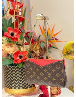 LOUIS VUITTON PALLAS CHAIN SHOULDER BAG IN BROWN MONOGRAM CANVAS / RED LEATHER WITH LEATHER STRAP