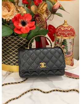 (LIKE NEW) 2024 MICROCHIP CHANEL SMALL TOP HANDLE SLING BAG INBLACK CAVIAR LEATHER GOLD HARDWARE CHAIN FULL SET